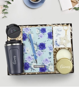 Kişiye Özel 350 ML Dereceli Lacivert Termos & Mavi Tasarım Defter & Kalem & Gold Metal Kutulu Mum & İnci Yıldız Anahtarlık Hediye Seti