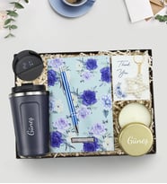 Kişiye Özel 350 ML Dereceli Lacivert Termos & Mavi Tasarım Defter & Kalem & Gold Metal Kutulu Mum & İnci Yıldız Anahtarlık Hediye Seti