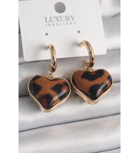 Pirinç Gold Renk 3D Kalp Leopar Desen Model Kadın Küpe