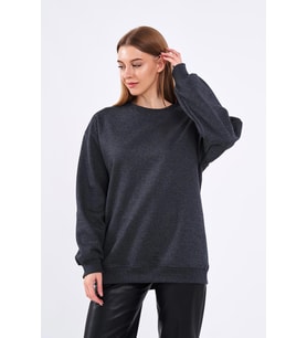 Antrasit Kadın Pamuklu Oversize Basic Bisiklet Yaka Sweatshirt