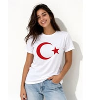T-Shirt Kısa Kol Bisiklet Yaka Ay Yıldız Bayrak Baskılı Tişört - Beyaz