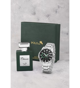 Polo Air Klasik Metal Kasa Erkek Kol Saati Ve 55 ml Parfüm Seti Gümüş Siyah Yeşil Renk ST-5029E3