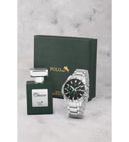 Polo Air Klasik Metal Kasa Erkek Kol Saati Ve 55 ml Parfüm Seti Gümüş Siyah Yeşil Renk ST-5029E3