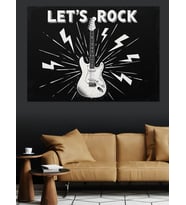 "Let'S Rock" Şimşek Sembollü Gitar İllüstrasyonu Siyah Beyaz  Dekoratif Kanvas - Mdf Ahşap Tablo