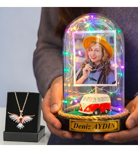 Kişiye Özel Renkli Led Işıklı Kırmızı Vosvoslu Fanus ve Renkli Anka Kuşu Kolye