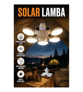 Katlanabilir 5 Kanatlı Solar Kamp Lambası Beyaz Işık Güneş Enerjili Aydınlatma
