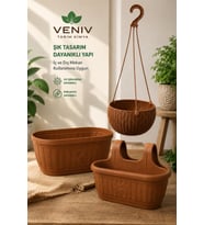 Antik Saksı Seti-2 Litre Rattan Askılı - 6.4 Litre Balkon Saksı-5 Litre Ahşap Görünümlü Saksı
