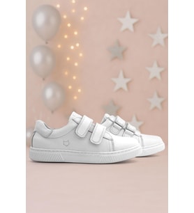 Hakiki Deri Beyaz Cırt Cırtlı Kız Çocuk Sneakers Ayakkabı