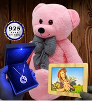 Kişiye Özel Premium Set Büyük Boy Pembe Peluş Ayıcık ve Gerçek 925 Ayar Gümüş Kolye (Model 3)