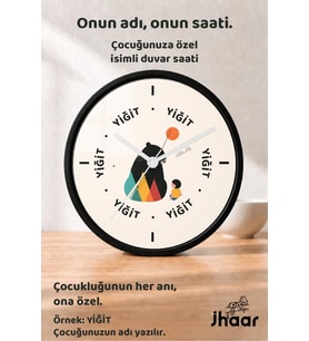 İsme Özel Ayı ve Çocuk Çocuk Odası Duvar Saati Orta Boy 30 cm Siyah Camlı Sessiz