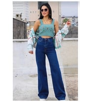 Kadın Koyu Mavi Yüksek Bel Bol Paça Denim Jeans