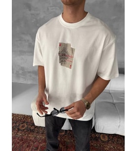 ERKEK Tişört Kısa kol Ön ve Arka Baskılı Oversize Bisiklet Yaka T-Shirt - Beyaz