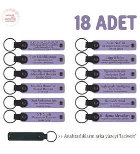 Ayrı Ayrı İsim Yazılabilir 18'li Set, Kişisel Mesajlı Hediye Deri Anahtarlık, Mor Menekşe & Lacivert (Lila - Mor)