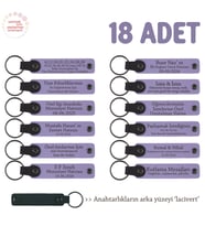 Ayrı Ayrı İsim Yazılabilir 18'li Set, Kişisel Mesajlı Hediye Deri Anahtarlık, Mor Menekşe & Lacivert (Lila - Mor)