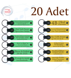 Fıstık Yeşili & Sarı, Düğün Misafirlerine Değer Katan Anı 20’li Set, Kişiye Özel Yazılı Anahtarlık