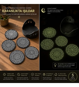 KARANLIKTA IŞILDAYAN MANDALA BARDAK ALTLIĞI SETİ – 5’Lİ + STAND