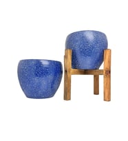 Bitki Tasarımı Lacivert Granit Toprak Saksı Saksılık Salon Çiçeklik İkili Set Ayaksız - 4 Ayaklı- 15 CM