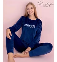 Pijamerry Kadın Kışlık Bisiklet Yaka Kadife Pijama Takımı 3017L - 1 Adet (Lacivert)