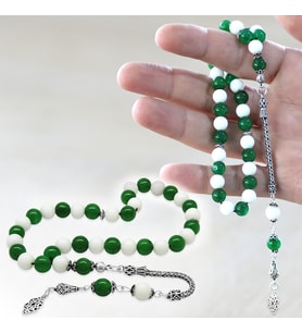925 Ayar Gümüş Foxtail Zincir Püsküllü Küre Kesim Yeşil Beyaz Jade Doğaltaş Taraftar Tesbih