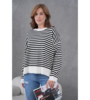 Kadın Bisiklet Yaka Nakış Detay Yırtmaçlı Oversize Çizgili Triko Kazak (Kemik)