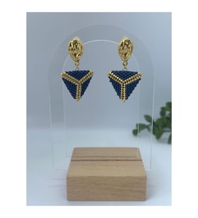 Lacivert, Gold, Üçgen, Miyuki Küpe, Marine, Handmade,
