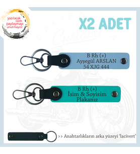 Sürücülere İsim Plaka ve B Rh (+) Kan Grubu Yazılı Kişiselleşmiş x2 Anahtarlık, K Turkuaz-Mavi-Laci