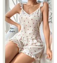Intive Comfort Kiraz Desenli Fırfır Detatlı Ekru Pijama Şort Büstiyer Takım (Beyaz)