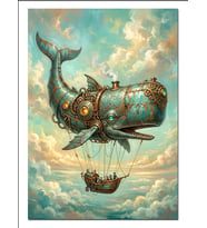 Steampunk Balina Ve Gemi Bulut Dekoratif Kanvas - Mdf Ahşap Tablo