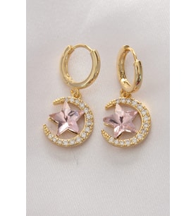 Pirinç Gold Renk Pembe Zirkon Taşlı Yıldız Detay Ay Küpe