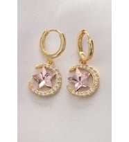 Pirinç Gold Renk Pembe Zirkon Taşlı Yıldız Detay Ay Küpe