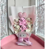 Premium Yumoş Pembe Beyaz Peluş Ayıcık Buketi Kalp Yastıklı