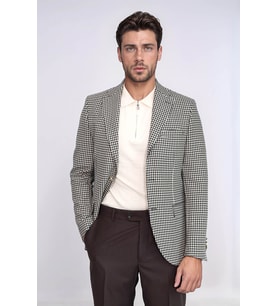 Siyah & Krem Kazayağı Desenli Gold Renk Metal Düğmeli Slim Fit Erkek Blazer Ceket - Wessi