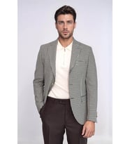 Siyah & Krem Kazayağı Desenli Gold Renk Metal Düğmeli Slim Fit Erkek Blazer Ceket - Wessi