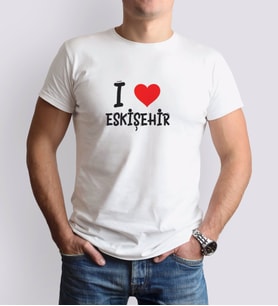BK Gift I Love Eskişehir Tasarımlı Erkek Yuvarlak Yaka Tişört-1 (Beyaz)