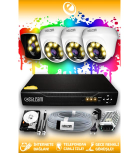 ELITCAM 4 Kameralı Kare 3 İç Kamera Set 100 GB HDD Full HD Renkli Gece Görüşlü Güvenlik Kamerası Sistemi