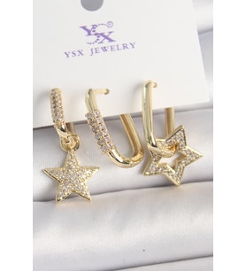 Pirinç Gold Renk Sallantı Zirkon Taşlı Yıldız Model 3'Lü Kadın Kombin Küpe