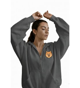 Kadın Pomeranian Baskılı Oversize Fermuarlı Hoodie (Gri)