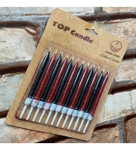 RED BLACK BIRTHDAY CANDLE VIP PARLAK METALİK SİMLİ KIRMIZI SİYAH PASTA MUMU 12 ADET DOĞUM GÜNÜ MUMU