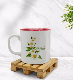 BK Gift Kişiye Özel Papatya Temalı İçi Kırmızı Renkli Kupa Bardak Model 8