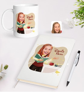 BK Gift Kişiye Özel Öğretmen Karikatürlü Beyaz Defter Kalem Kupa Seti - 3