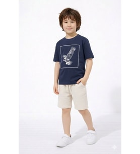 Cg Kids Kartal Temalı Lacivert Tshirt Müslin Alt Şort Alt Üst Takım
