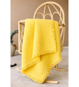 Organik Pamuklu 4 Kat Püsküllü Müslin Bebek Battaniyesi 100x115 cm - Sarı