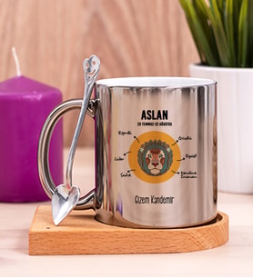 Kişiye Özel Aslan Burcuna Hediye Ahşap Altlıklı Silver Kupa Bardak