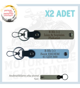 Motosiklet Aşıkları İçin, İsim Plaka ve B Rh (+) Kan Grubu Yazılı x2 Anahtarlık Set, Kül Gri-Mavi-Gr