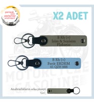 Motosiklet Aşıkları İçin, İsim Plaka ve B Rh (+) Kan Grubu Yazılı x2 Anahtarlık Set, Kül Gri-Mavi-Gr