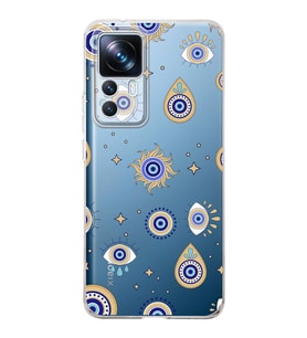 PrintiFy Xiaomi Mi 12T Pro ile Uyumlu Nazar Boncuğu 5 Baskılı Kamera Korumalı Şeffaf Silikon Kılıf