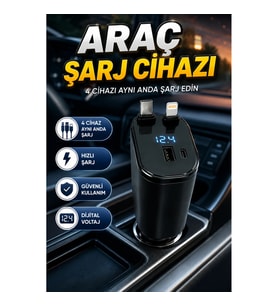 120W Hızlı Şarj Destekli 4 Portlu Araç Şarj Cihazı USB-A USB-C Type-C ve Lightning Kablolu
