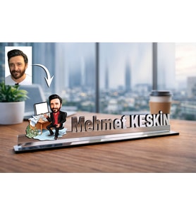 Kişiye Özel Banka Çalışanı Karikatürlü 30 cm Ayna Pleksi Masaüstü İsimlik - Banka Çalışanı Hediyesi İş Arkadaşına ve Meslek Sahibine Hediye