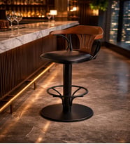 168/65 Dönerli Bar Sandalyesi – Siyah Deri Oturum, İnegöl Ceviz Sırt 65 cm Yükseklik