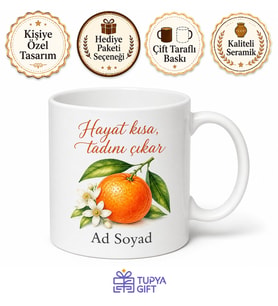 Mandalina Temalı Baskılı Kupa Bardak Hediye Özel Tasarım Porselen Mug